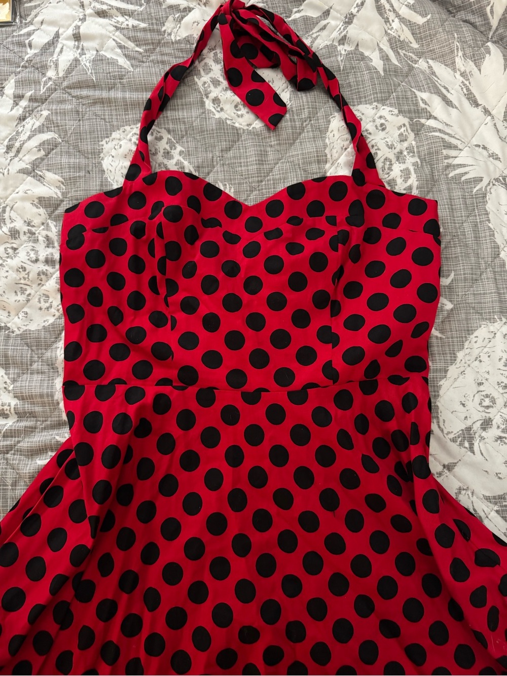 Women’s Red and Black Polka Dot halter dress with black petty coat